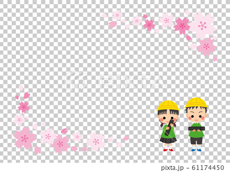 卒園する幼稚園の女の子と男の子 桜フレームテンプレート のイラスト素材