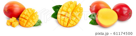 Mango fruit half with leaves and slices isolated on white background close-up. Set or collection Mango fruit half with leaves and slices isolated on white background close-up. Set or collection 61174500