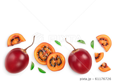 Fresh tamarillo fruit with leaves isolated on white background with copy space for your text. Top view. Flat lay Fresh tamarillo fruit with leaves isolated on white background with copy space for your text. Top view. Flat lay 61176726
