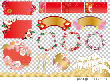 和風 和風 フレーム 日本 和柄 枠 セット 梅 椿 紅葉 桜 松 波 津波 浮世絵 飾り枠のイラスト素材