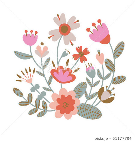 Floral bouquet of hand drawn fantasy folk flowers. Botanical illustration in flat cartoon style 61177704