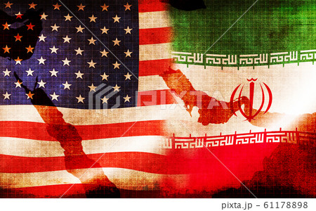 アメリカ イラン 国旗ミックス バナー 背景素材 汚れ 中東地図透かし 戦争 紛争 危機のイラスト素材 6117