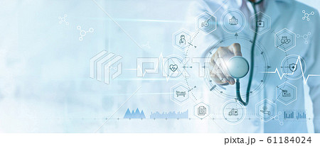 Medicine doctor with stethoscope in hand and icon insurance for health. Medical network connection on virtual screen interface. Innovation and modern medical technology concept Medicine doctor with stethoscope in hand and icon insurance for health. Medical network connection on virtual screen interface. Innovation and modern medical technology concept 61184024