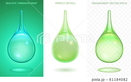 Vector set of various green drops. Realistic falling droplets of tarragon soda drink, aloe juice, lime juice cocktail. Perfect detailed icons with a bubbles and different transparency. Gradient mesh 61184082