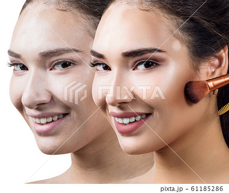 Woman face before and after makeup application. Woman face before and after makeup application. 61185286