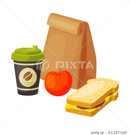 Paper Bag Package with Healthy Breakfast, Coffee Cup, Apple, Sandwich Vector Illustration Paper Bag Package with Healthy Breakfast, Coffee Cup, Apple, Sandwich Vector Illustration 61187160