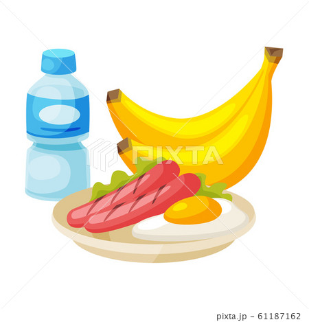 Healthy Breakfast, Bananas, Plastic Bottle of Water, Sausages and Fried Egg on a Plate Vector Illustration 61187162