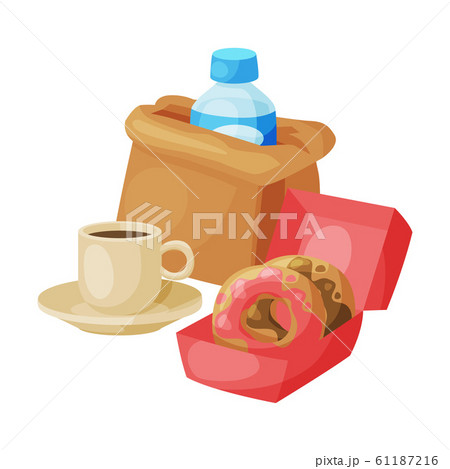 Paper Bag Package with Healthy Breakfast, Plastic Bottle of Water, Cup of Coffee, Donuts Vector Illustration Paper Bag Package with Healthy Breakfast, Plastic Bottle of Water, Cup of Coffee, Donuts Vector Illustration 61187216