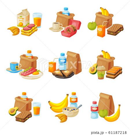 Paper Packaging with Healthy Breakfast Set, School Kids Lunch Bags with Drinks, Fruits, Sandwiches Vector Illustration 61187218