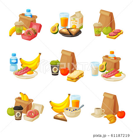 Paper Packaging with Healthy Breakfast Set, School Kids Lunch Bags Vector Illustration Paper Packaging with Healthy Breakfast Set, School Kids Lunch Bags Vector Illustration 61187219