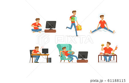 Young Man Having Bad Habits Vector Illustrations Set. Harmful Addictions Concept Young Man Having Bad Habits Vector Illustrations Set. Harmful Addictions Concept 61188115
