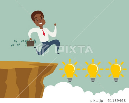 black african american businessman running and jump over cliff gap to success, overcome the 61189468