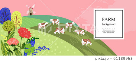 Agricultural background. Cows in the pasture. Silhouettes of cows, houses and trees. Agricultural background. Cows in the pasture. Silhouettes of cows, houses and trees. 61189963