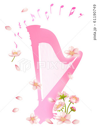 春と楽器 桜の花びら舞う グランドハープのイラスト素材