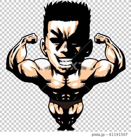 二頭身 スポーツ 日本代表 劇画 漫画 筋肉 ボディビル マッチョ ポーズ 正面 白背景 のイラスト素材