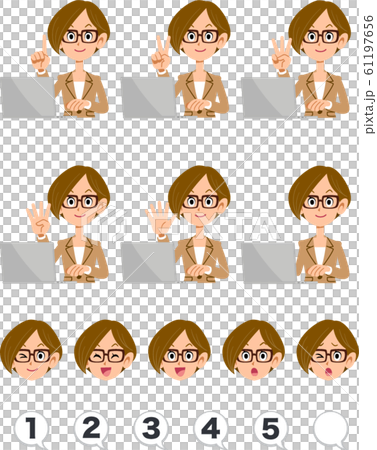 A woman in a suit wearing glasses showing numbers with fingers while operating a laptop A woman in a suit wearing glasses showing numbers with fingers while operating a laptop 61197656