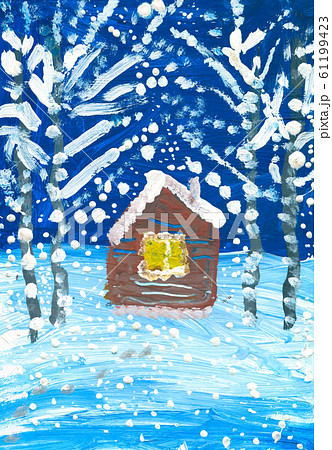 Cabin in the winter forest. Gouache drawing. 61199423