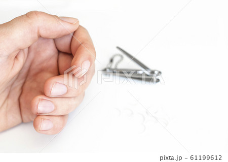 Trimmed nails of a young man. Closeup. 61199612