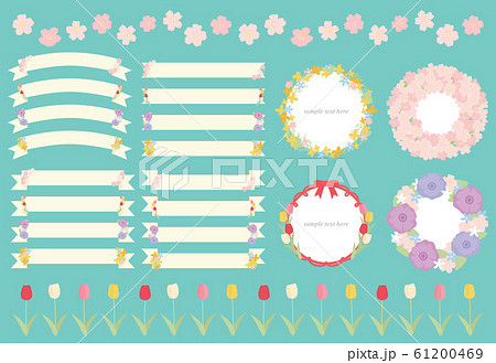 春 リボン フレーム ライン イラストセットのイラスト素材