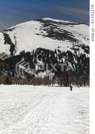 残雪の尾瀬ヶ原を行く登山者と至仏山 61201216