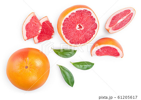 Grapefruit and slices with leaves isolated on white background. Top view. Flat lay Grapefruit and slices with leaves isolated on white background. Top view. Flat lay 61205617