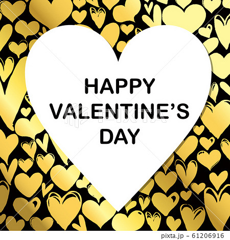 黒にゴールドのハートを散りばめた背景と白いハート Happy Valentine S Dayの文字のイラスト素材