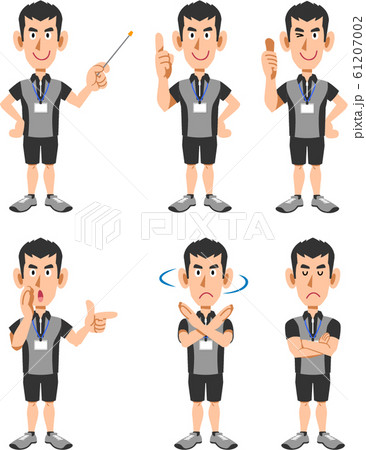 フィットネスクラブのインストラクターの男性の全身 6種類のポーズのセットのイラスト素材