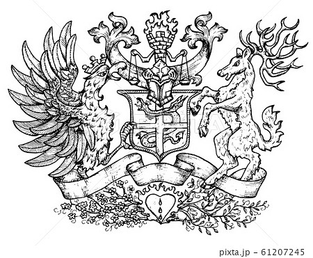 Heraldic emblem with fairy rooster bird and deer with big horns. Heraldic emblem with fairy rooster bird and deer with big horns. 61207245