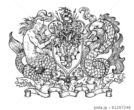 Heraldic emblem with mermaid and monster fish dolphin on white, line art. Heraldic emblem with mermaid and monster fish dolphin on white, line art. 61207246