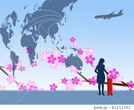 訪日観光 世界地図 日本地図 女性 ツーリスト 桜 お花見 訪日外国人のイラスト素材