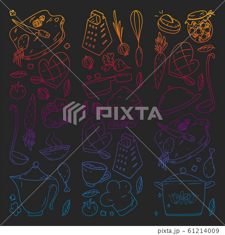 Gradient pattern on blackboard drawn in chalk, with gastronomy icons, vector cuisine and fast food cafe bright background for menu, receipts. 61214009