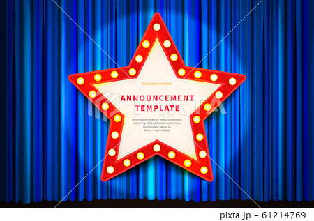 Star shaped red frame with lighting bulbs, template in vintage style on blue curtain 61214769