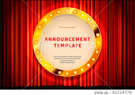 Round shape gold frame with lighting bulbs, template in vintage style on red curtain 61214770