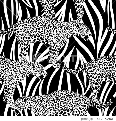 Zebra and leopard pattern mix. Black and white seamless background.  61215268