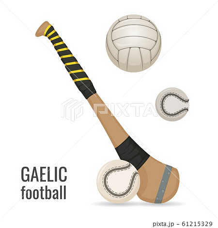 Gaelic football club and balls icon set. Irish football sport equipment. Vector Gaelic football club and balls icon set. Irish football sport equipment. Vector 61215329