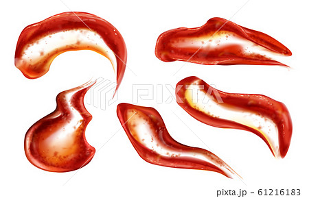 Ketchup splashes set top view, tomato sauce blobs 61216183