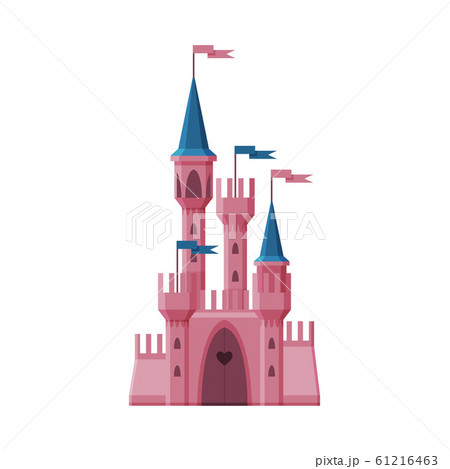 Pink Medieval Fairytale Castle, Fortress with Towers, Ancient Fortified Palace Exterior Vector Illustration 61216463