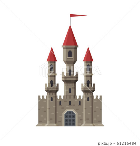 Medieval Fairytale Castle with Towers and Flag, Ancient Fortified Palace Exterior Vector Illustration 61216484