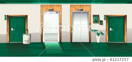 Hotel hallway with open and closed elevator doors 61217257