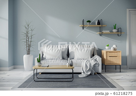 Modern mid century and minamalist interior of living room design concept, white sofa and wood table on blue wall and wood floor ,3d render 61218275