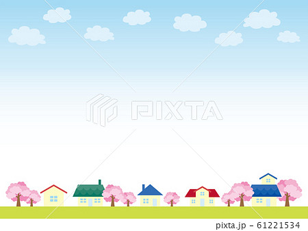 かわいい家が並ぶ春の街並みの風景のイラスト素材