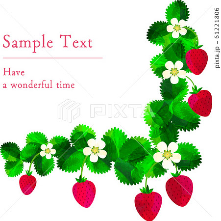 フレーム 枠 いちご 苺 葉っぱ 葉 花 ストロベリー 背景素材 コーナー L型 枠 帯のイラスト素材