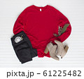 Red tshirt mockup with boots and jean. Pine cones 61225482