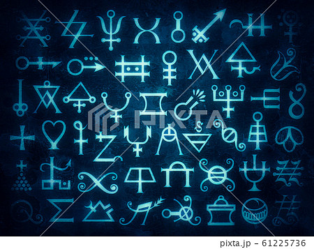 Alchemical ‘Flowers of Azote’ Signs And Medieval Magic Symbols. Alteration (grunge vintage remake). 61225736