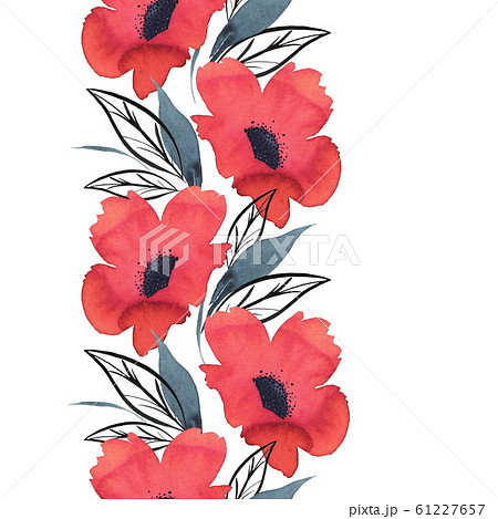 Watercolor abstract seamless border with poppies and leaves, hand-drawn background. Isolated on 61227657