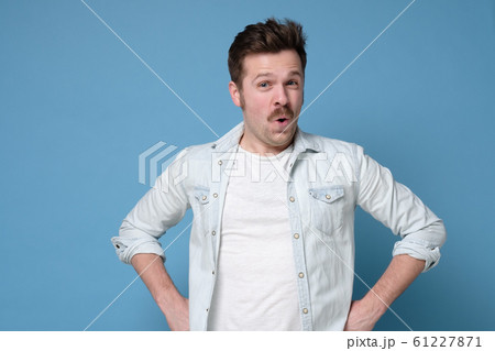 Wow I am suprised. Attractive man with retro mustache standing with open mouth. Wow I am suprised. Attractive man with retro mustache standing with open mouth. 61227871