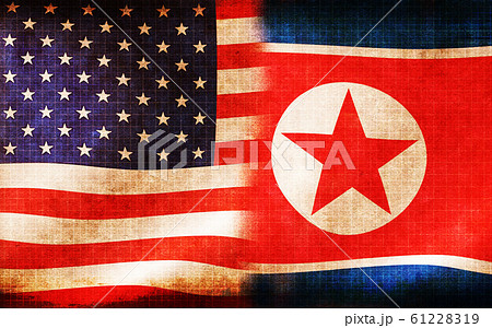 アメリカ 北朝鮮 国旗ミックス バナー 背景素材 汚れ 焦げ 紛争 対立 緊張状態のイラスト素材