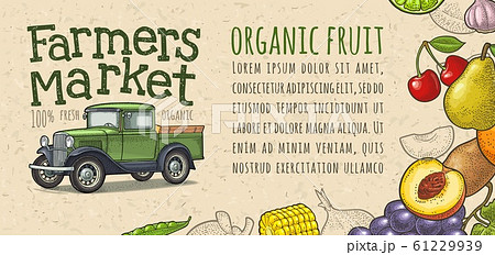 Retro pickup truck, fruits, vegetables engraving. 61229939