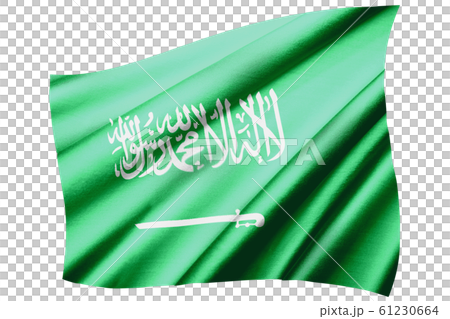 揺らめくサウジアラビアの国旗・斜俯瞰　シンボル｜絹・シルクの質感の国旗のリアルイラストレーション 61230664