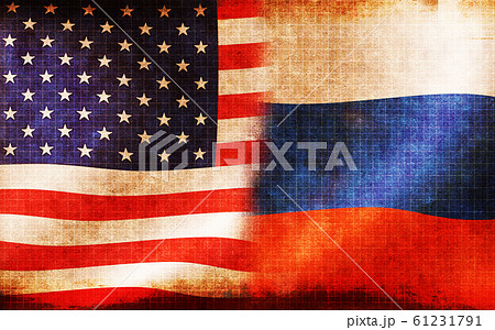 アメリカ ロシア 国旗ミックス バナー 背景素材 汚れ 焦げ 冷戦 対立 緊張状態のイラスト素材